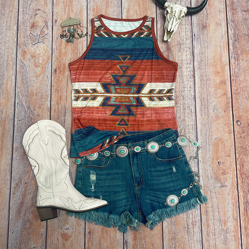 Wholesale Polyester Western Style Stripe Sleeveless Tank Top